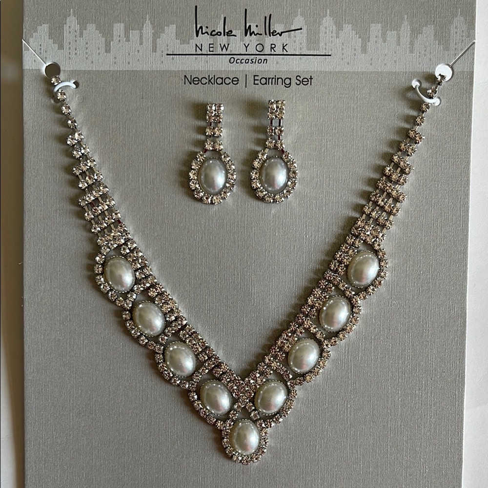 Nicole Miller Silver Crystal Faux Pearl Necklace Set Elegant Design